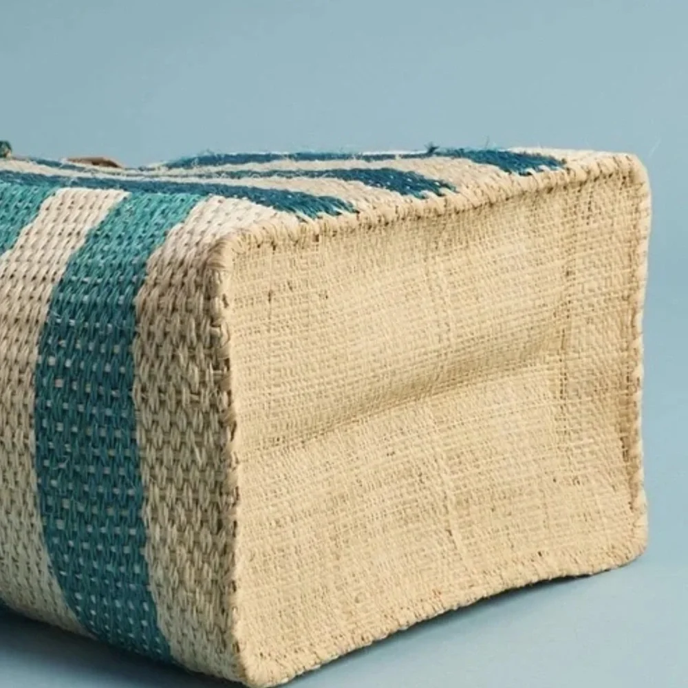 New mar y sol Aqua Tan Striped Woven Sea Grass Leather Handled Tote Beautiful - Picture 9 of 11